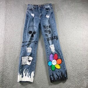 Custom Graffiti Painted Skull Flower Flames Jeans Women 25x28 Jrs 1 Grunge Flare